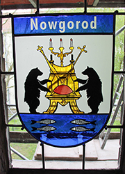 Nikolaikirche Anklam, Hanse-Wappenfenster von Nowgorod, Russland (*2017)