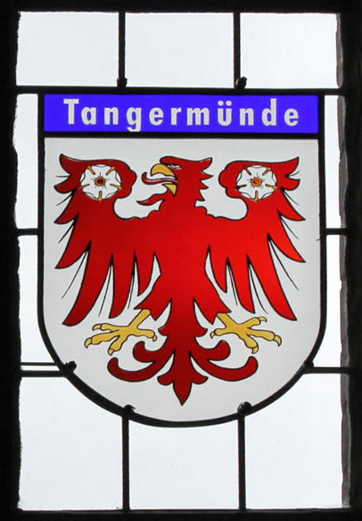 Wappenfenster von Tangermuende, Deutschland